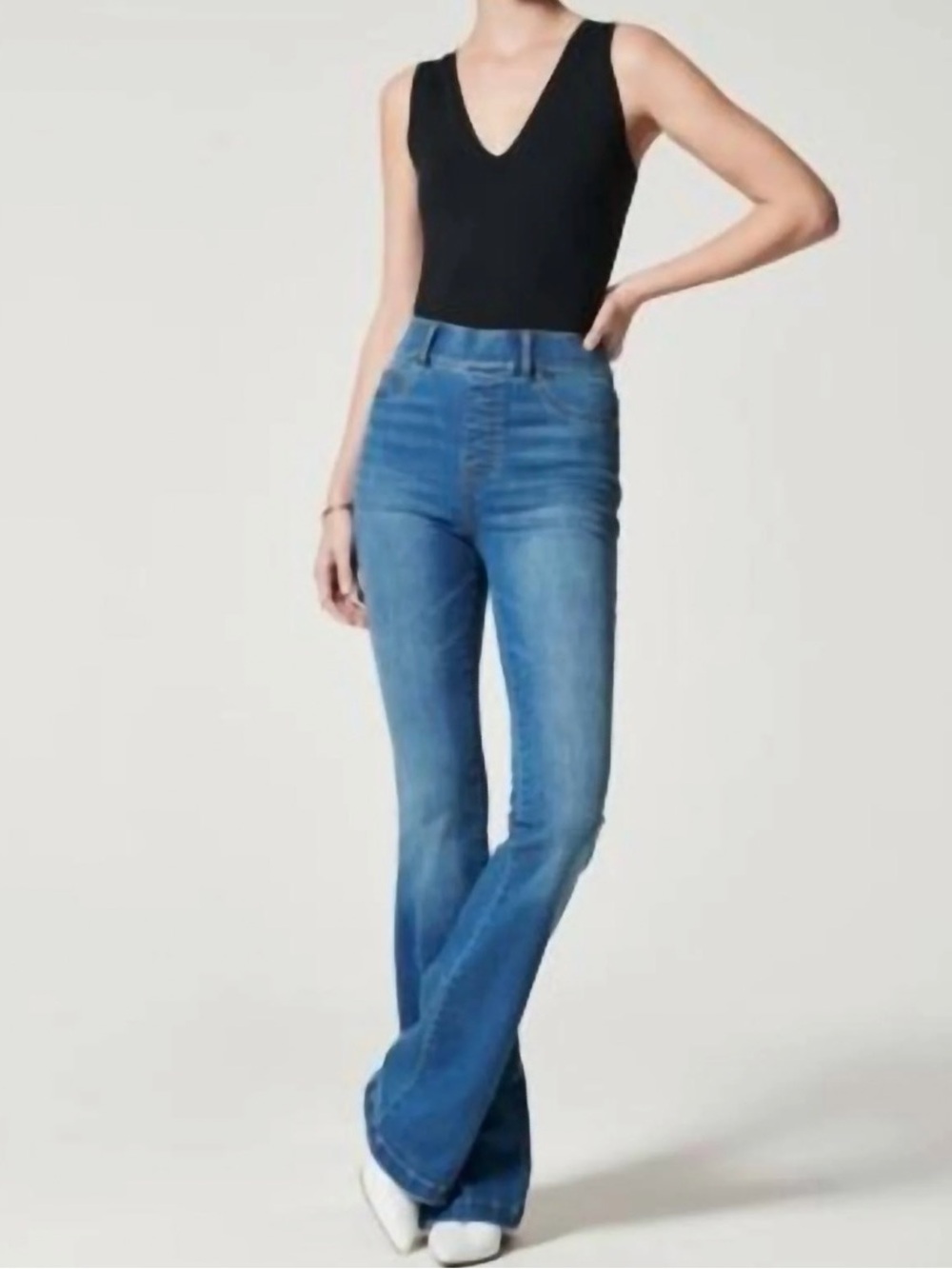 SPANX Flare Jeans Petite Medium Vintage Indigo Pull On Stretch Shaping Denim